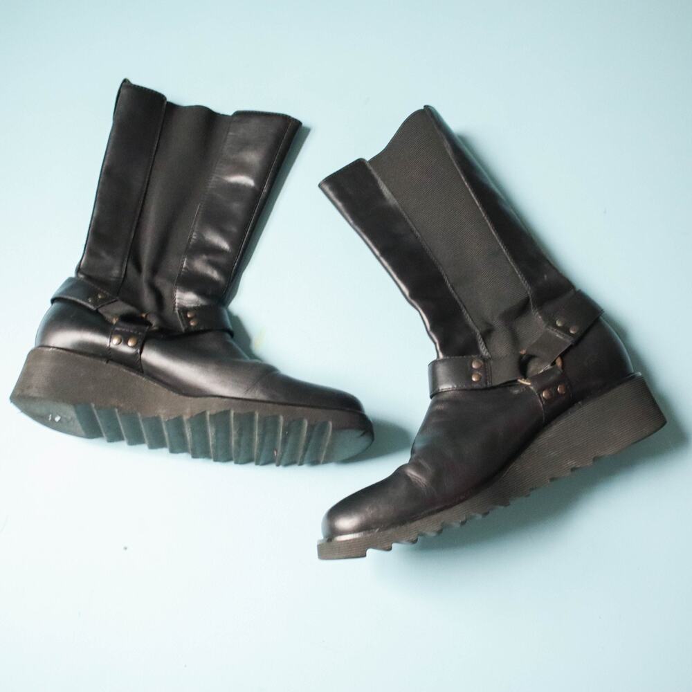 Donald Pliner Y2K Leather Black Moto Biker Boots Womens 9 Emo Goth Vintage - Picture 3 of 8